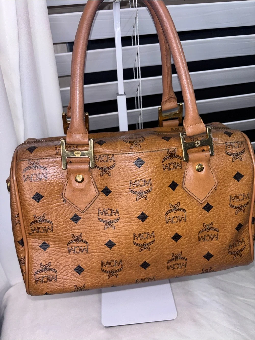 Vintage MCM Cognac Visetos Boston Bag Satchel with Shoulder Strap